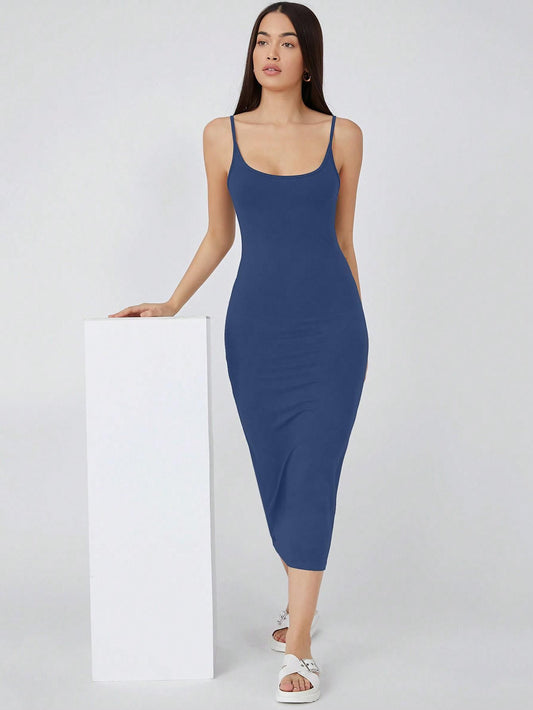 AAHWAN Women's Blue Solid Bodycon Midi Dress