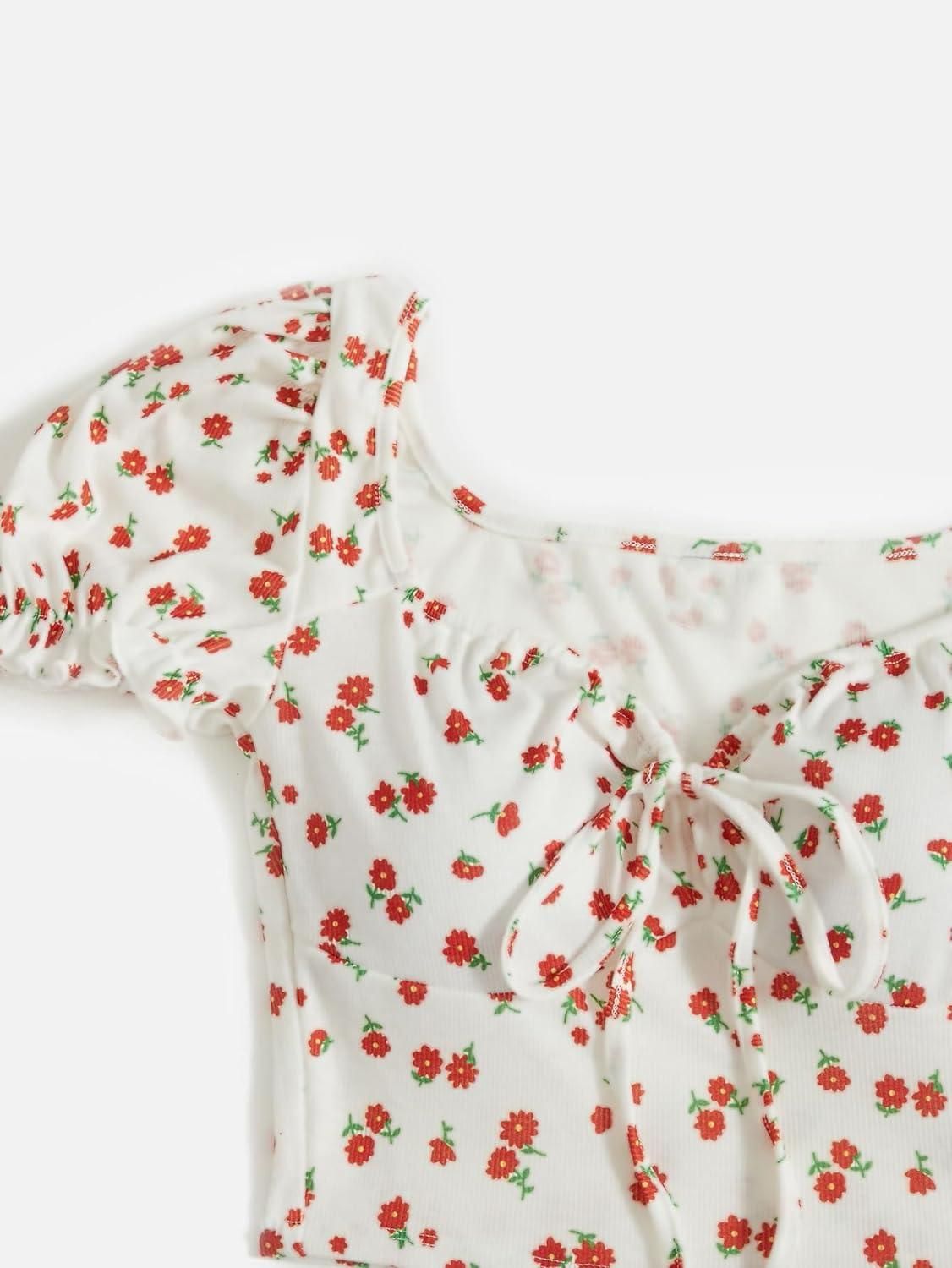 AAHWAN Puff Sleeves Floral Print Crop Top For Women's