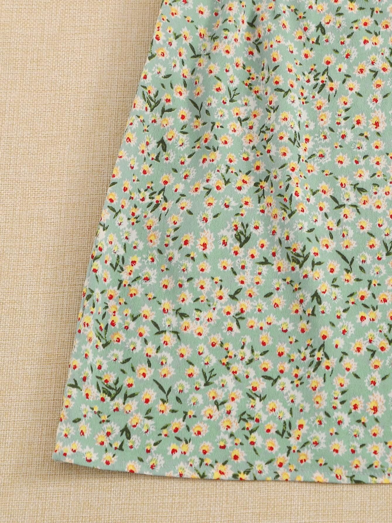 AAHWAN Women's Green Ditsy Floral Print Flared Mini Short Dress