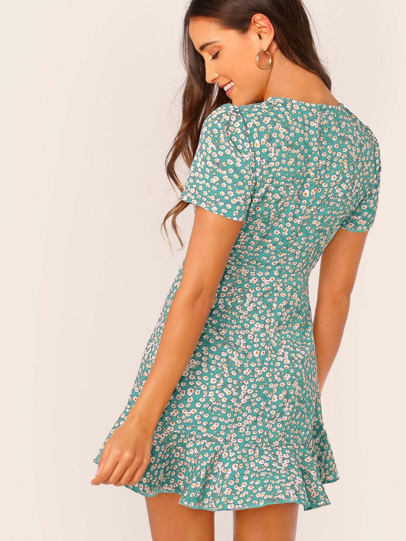 AAHWAN Women's Green Ditsy Floral Print Short Sleeves Mini Short Dress